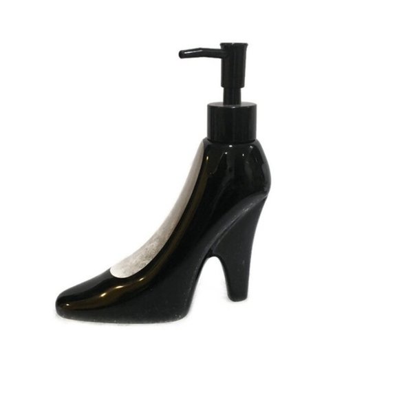 Soap Lotion Pump Dispenser Ceramic High Heel Shiny Black Patent Leather Style - Picture 9 of 12